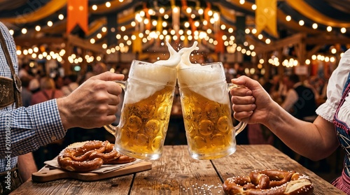 Oktoberfest, close-up of two frosty beer mugs clinking together with foam splashing naturally, traditional pretzels on a wooden table, blurred Bavarian festival lights in the background
