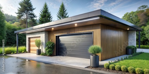 Modern Architectural Design of a Detached Garage with Wooden Facade and Landscaping