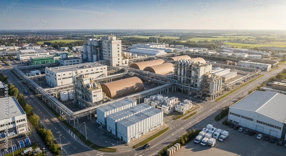 Fototapeta premium Sprawling industrial manufacturing plant complex seen from an aerial drone view under bright daylight