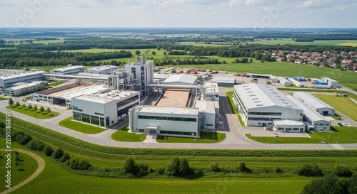 Sprawling industrial paper mill complex with modern facilities set against a lush green landscape under a bright sky
