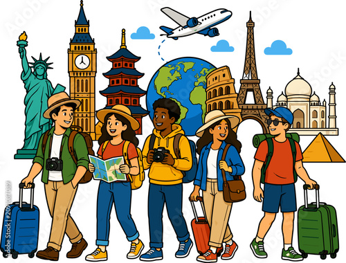 Travel Collage Illustration with Worldwide Landmarks, Globe, Airplane, and Friendly Tourists Carrying Suitcases and Backpacks