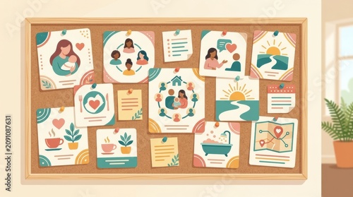 A bulletin board displays various drawings and notes about mother support, postpartum depression, and mental health for new mothers.