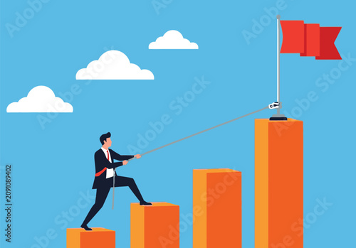 фотографія Ambitious businessman pulling rope to reach red flag on top of growth bar chart representing career advancement success goal achievement and strategic planning