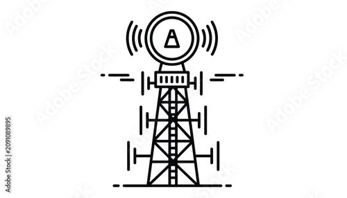 Transmission tower sending out signals represented in a clean black and white minimalist line art style icon.