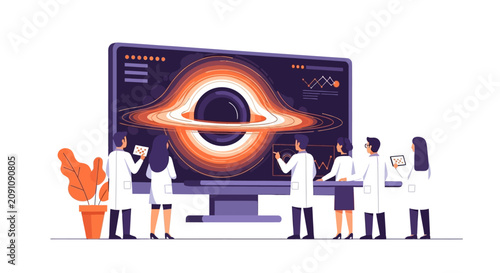 Team of Scientists Analyzing Black Hole Astronomy Data on Large Monitor Flat Illustration
