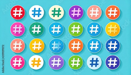 Grid of colorful circular hashtag icons on blue background.