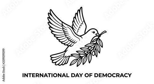 International Day of Democracy Dove with Olive Branch Line Art