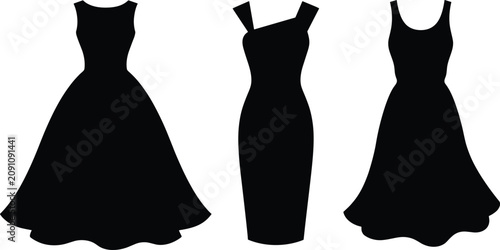 Quadro su tela Elegant collection of female black dress silhouettes featuring formal ball gown cocktail dress and stylish summer midi wear
