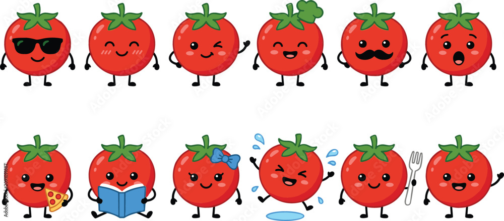 Fototapeta premium Cute tomato mascot character set with different facial expressions emoji eating pizza reading book isolated on white background