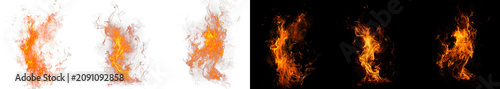 Fotografie Set of isolated dynamic fire flames collection on transparent background and black backdrop for digital design and post production