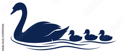 Принти на полотні Elegant Navy Blue Silhouette of a Swan Leading its Ducklings in Gentle Water Wav