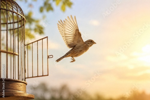 Open birdcage door with a bird taking flight, wings spread in soft morning light.