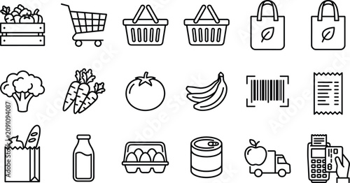 Organic Grocery and Fresh Food Shopping Icon Collection with Produce, Packaging, and Sustainable Market Symbols Set
