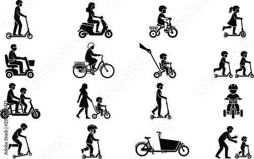Personal Mobility and Family Transportation Silhouette Collection with Scooters, Bicycles, and Urban Micro Mobility Illustrations