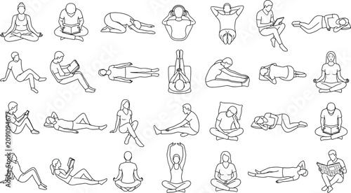Slika na platnu People CAD Drawing Collection with Sitting Lying Yoga Reading and Relaxing Human
