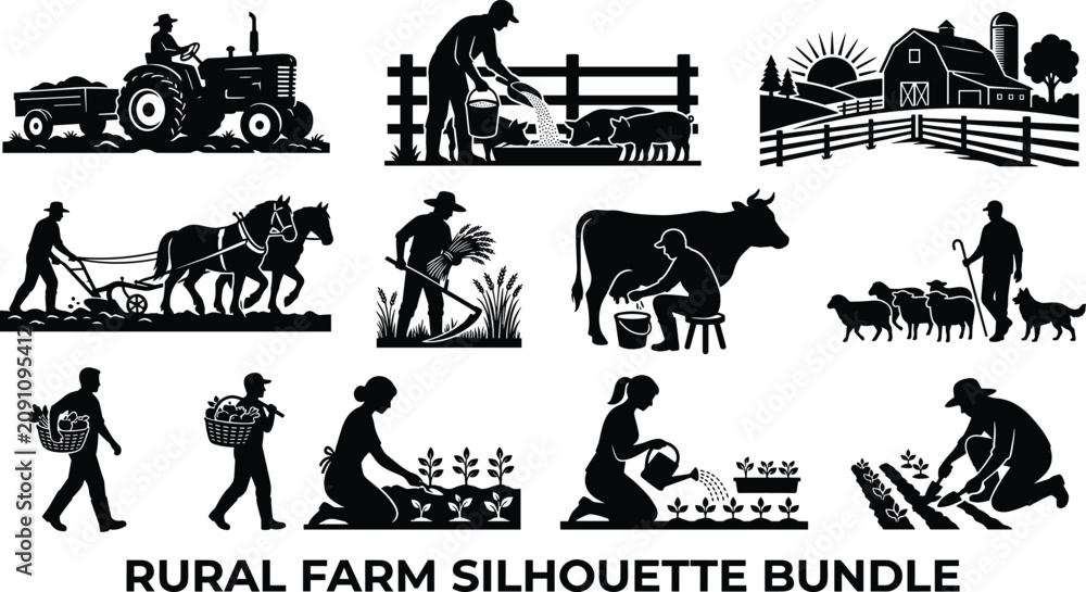 Fototapeta premium Rural Farm Silhouette Bundle Featuring Farmers, Animals, and Agricultural Scenes