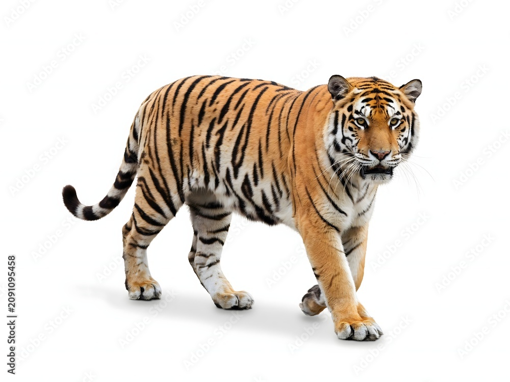Obraz premium Tiger walking isolated on white background, orange and black stripes animal