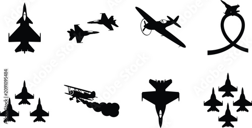 Foto Set of Vector Icons Depicting Military Fighter Jets, Aerobatic Planes, and Forma