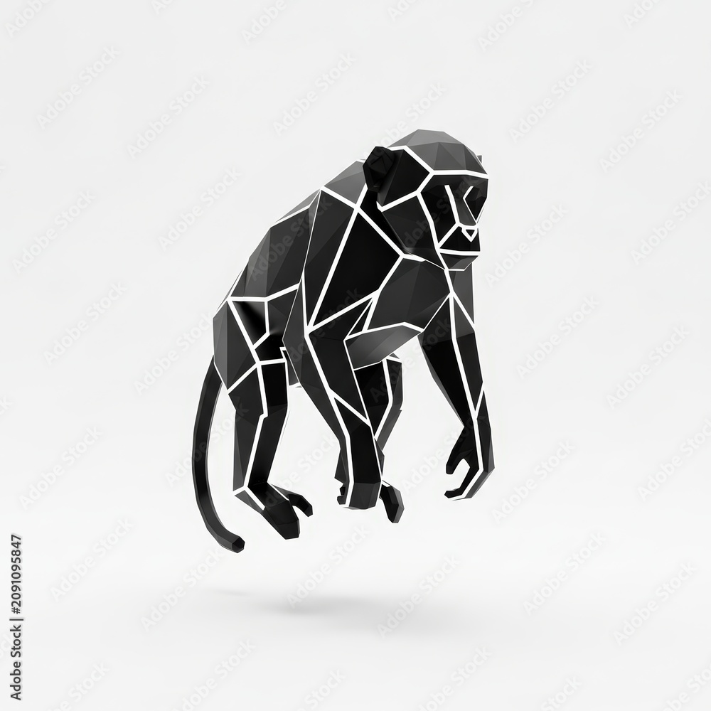 Fototapeta premium Geometric black monkey with white outlines floating against a clean white background, rendered in a low-poly style.