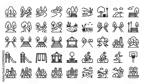 City Park Outline Icons Pack with Trees Gardens Lakes and Landscape Elements
