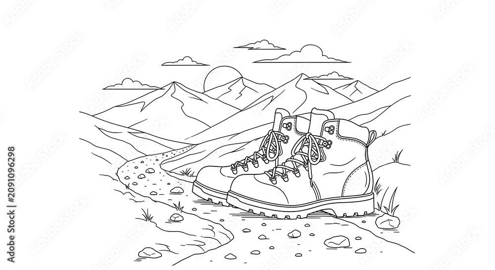 Fototapeta premium Line art illustration of hiking boots in a mountain landscape with a winding path and clouds