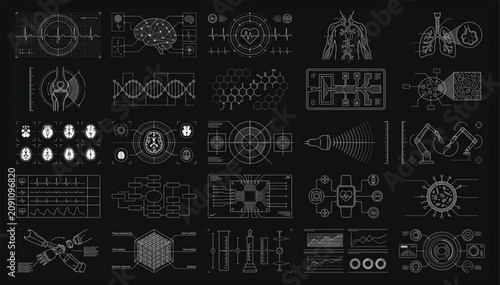 Comprehensive collection of medical diagnostic interface elements and scientific charts with diagnostic interface elements scientific healthcare technology research monitoring analysis