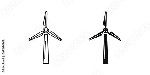 Wind turbine set in outline and solid black styles for renewable energy and sustainable power generation concepts