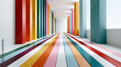 A modern, colorful corridor with vertical columns and striped flooring in vibrant hues, creating a visually striking and symmetrical architectural space.