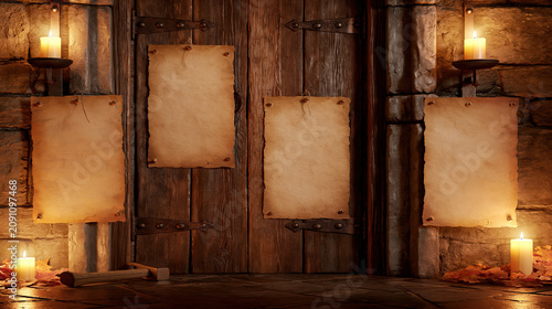 Old wooden church door with blank parchment and candlelight in rustic stone room for reformation day banner