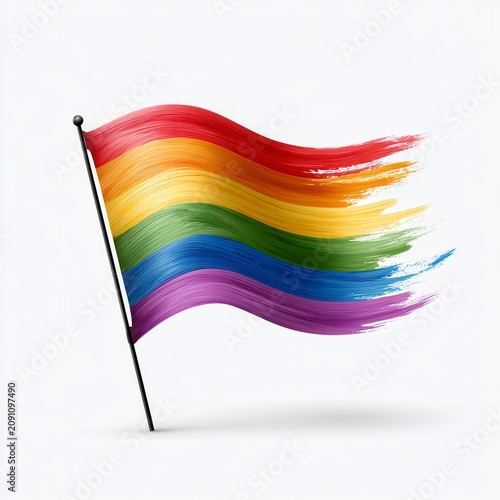 A stylized rainbow flag with brushstroke texture waves gracefully on a flagpole, symbolizing diversity and pride.