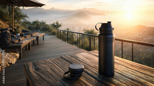 Travel banner image slow travel climate aware reusable bottle wooden table mountain view sunrise landscape outdoor terrace