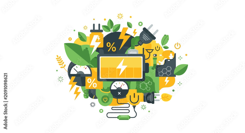 Fototapeta premium Renewable Green Energy Concept Flat Illustration with Battery, Solar Power Icons, and Eco-friendly Symbols for Sustainable Technology