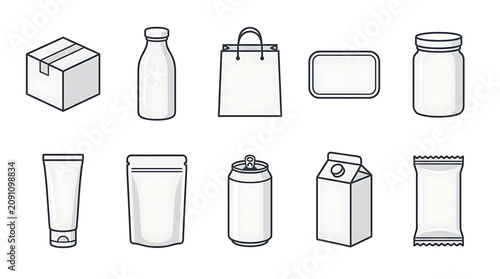 Minimalist set of blank product packaging icons featuring various containers and boxes for retail and logistics design in a clean simple linear style