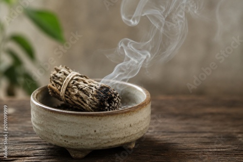 A small bundle of dried mugwort smoldering in a ceramic pot, herbal smoke.