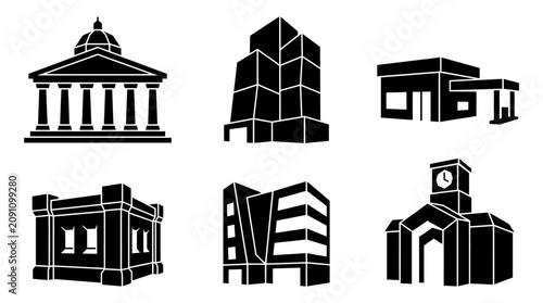 Black Silhouette Collection Of Architectural Building Shapes On White Background