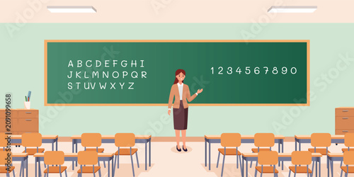 classroom background with teacher illustration flat cartoon