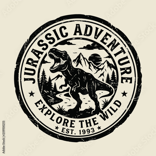 Jurassic adventure explore the wild historical park collection circular graphic badge vector template with aggressive tyrannosaurus rex silhouette