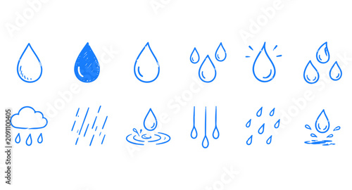 Raindrops set. Hand drawn brush icon set on a white background