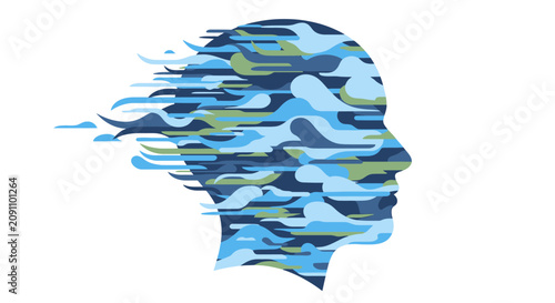 Tablou pe pânză Disintegrating human head in blue and green camouflage pattern
