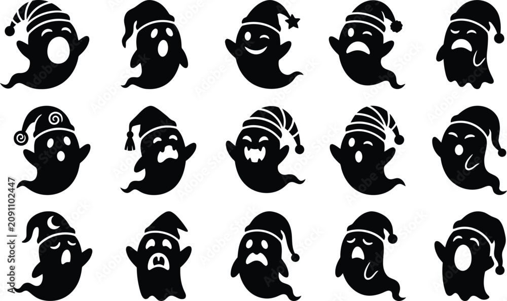 Obraz premium Halloween vector bundle 15 cute ghost illustrations with hats for spooky season designs