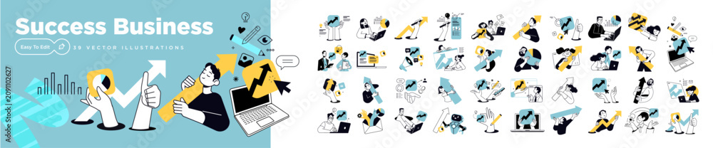 Fototapeta premium Success business. Set of people vector illustrations in various activities of business excellence, strategy and planning, data analytics, marketing and business improvement.