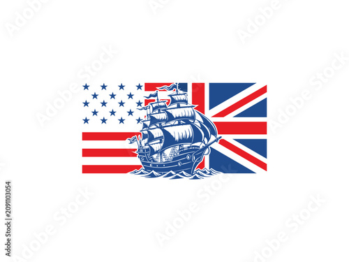 Εκτύπωση καμβά American and British Flags with a Ship A Symbol of History.