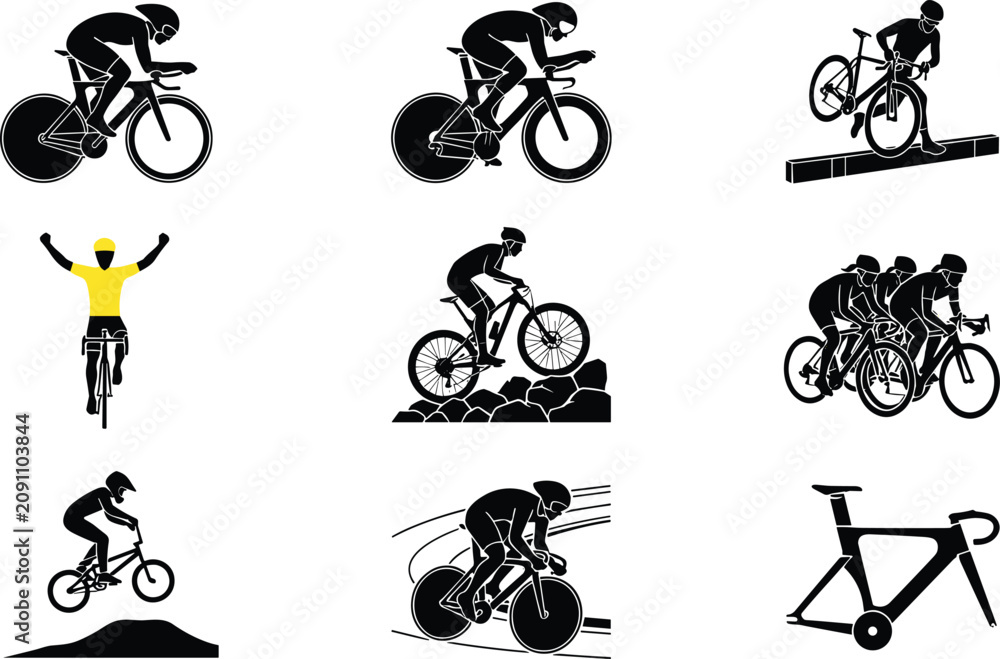 Obraz premium Cycling Race and Mountain Biking Silhouette Collection with Competitive Cyclists, BMX Tricks, and Bicycle Sports Illustrations
