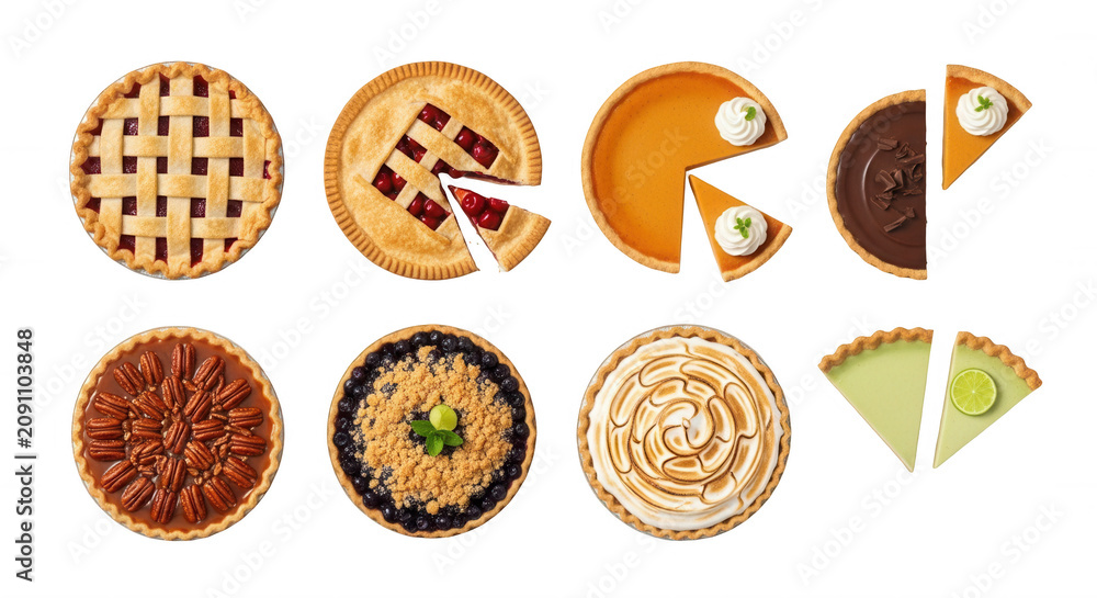 Fototapeta premium assorted pies overhead view some sliced on white recipe food blog or menu designs