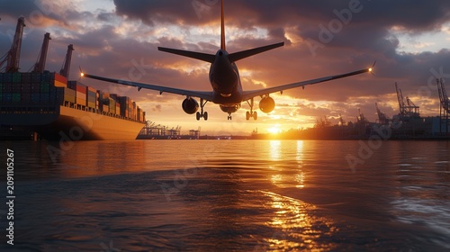 Airplane descends for landing as container ship waits in port during sunset over globe