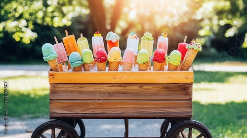 Colorful ice cream cart filled with assorted popsicles and cones in a sunny park setting during a warm afternoon