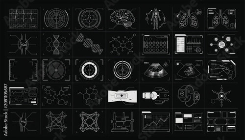 Healthcare diagnostic visual interface vector graphics with healthcare diagnostic interface graphics clinical futuristic visualization elements research analysis diagrams infographic