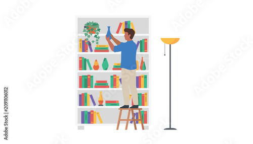 Man standing on a small wooden stepladder carefully places a blue vase on a high bookshelf within a well-organized and tidy living space.