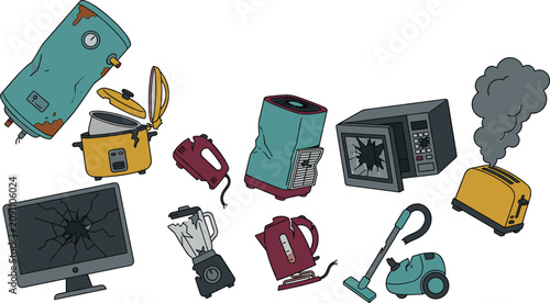 Cuadro en lienzo Broken Home Appliances Vector Set with Smoking Toaster Shattered Computer Monito
