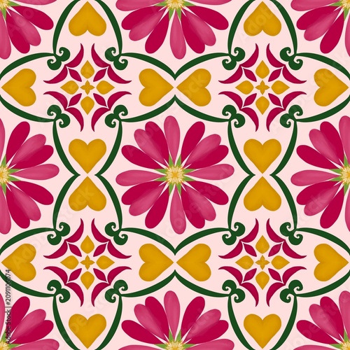 Colorful flowers and green leaves seamless pattern elements designed for background, wallpaper, decorating, fabric, wrapping, clothing, textiles, tiles, carpet, embroidery designs.